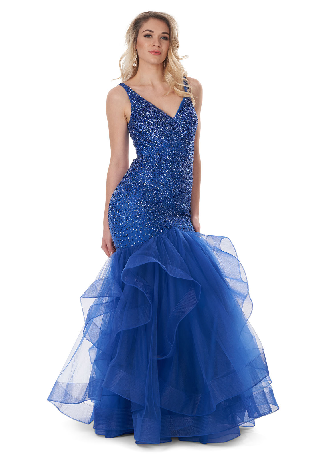 Front view of the new Freya dress at Milton Keynes Prom Dresses at Bletchley, in vibrant Royal Chiffon colour!
