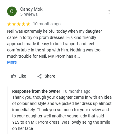 Great reviews from our happy clients at MK Prom in Milton Keynes at 98 Queensway, Bletchley