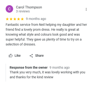 Great reviews from our happy clients at MK Prom in Milton Keynes at 98 Queensway, Bletchley