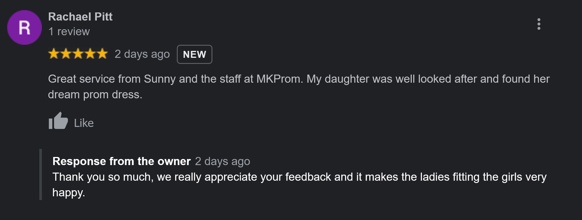 Happy client reviews at MK Prom from Google!