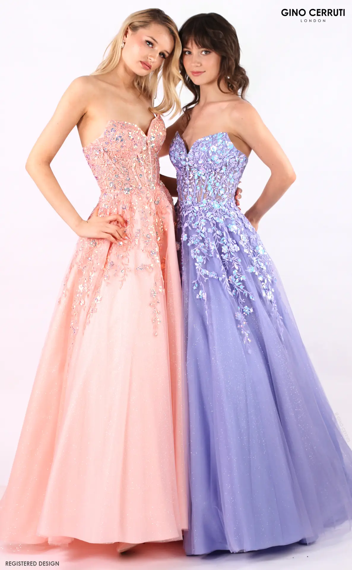 Ella by Gino Cerruti (Light Coral & Dusty Lilac) Classic ballgown silhouette with glitter tulle skirt Strapless sweetheart neckline with illusion plunge detail Cascading 3D floral appliqué with iridescent shimmer Lace-up corset back for a secure, adjustable fit Exclusive to MK Prom Whether you're drawn to the soft romance of Dusty Lilac or the warm glow of Light Coral, the Ella gown by Gino Cerruti brings pure magic in both stunning shades.