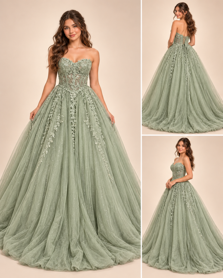 Greta prom dress in light sage, modeled front view